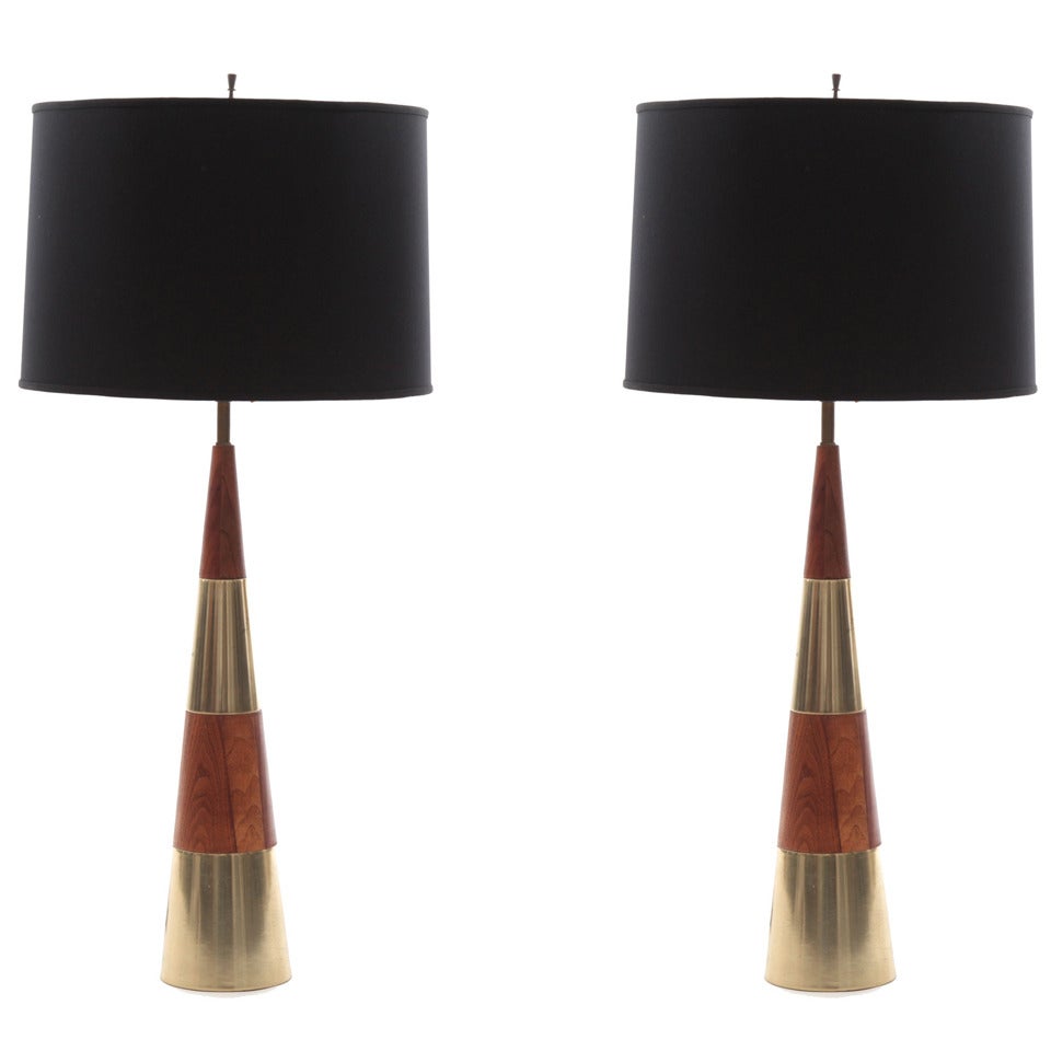 Rare Pair of Brass and Solid Walnut Lamps by Tony Paul