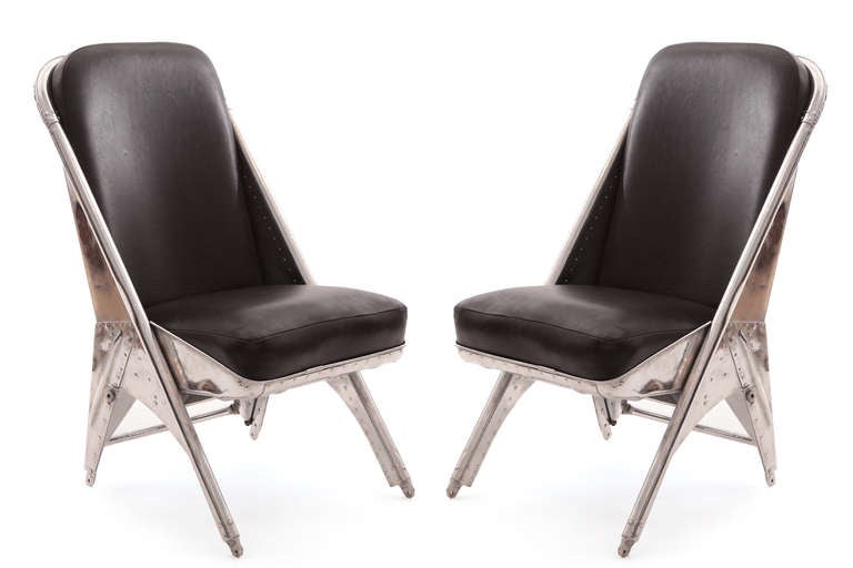 Mid-20th Century Cessna Leather Airplane Chairs with Riveted Aluminum