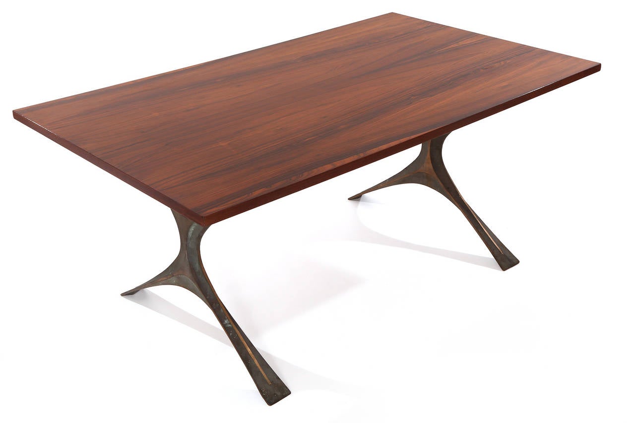 Rare George Nelson for Herman Miller 'Bronze Group' coffee table, circa late 1960s. This limited production example has patinated solid bronze X legs with a beautifully grained Brazilian rosewood top.