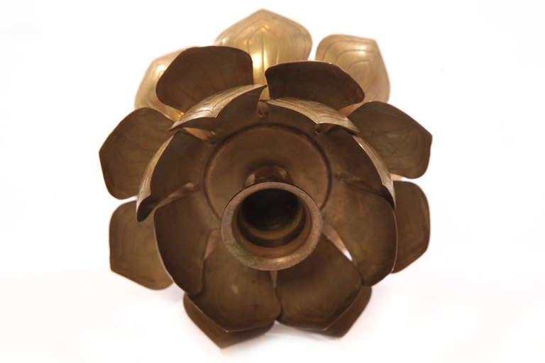Mid-Century Modern Pair of Patinated Brass Lotus Candle Holders