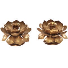 Pair of Patinated Brass Lotus Candle Holders