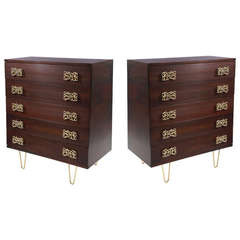 Pair of Tapered Walnut and Brass Highboys 1