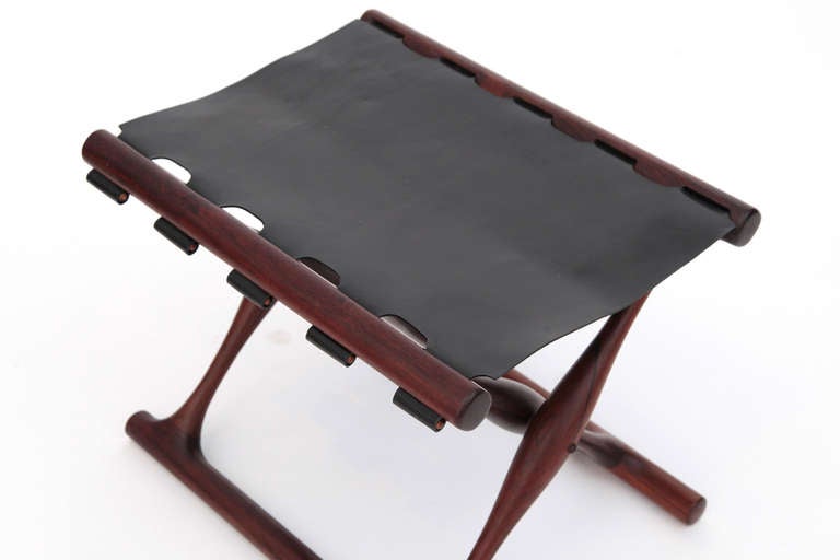 Danish Rare Poul Hundevad Rosewood & Black Leather Folding Stool