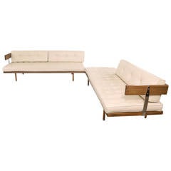Pair of Harvey Probber Leather and Mahogany Sofas