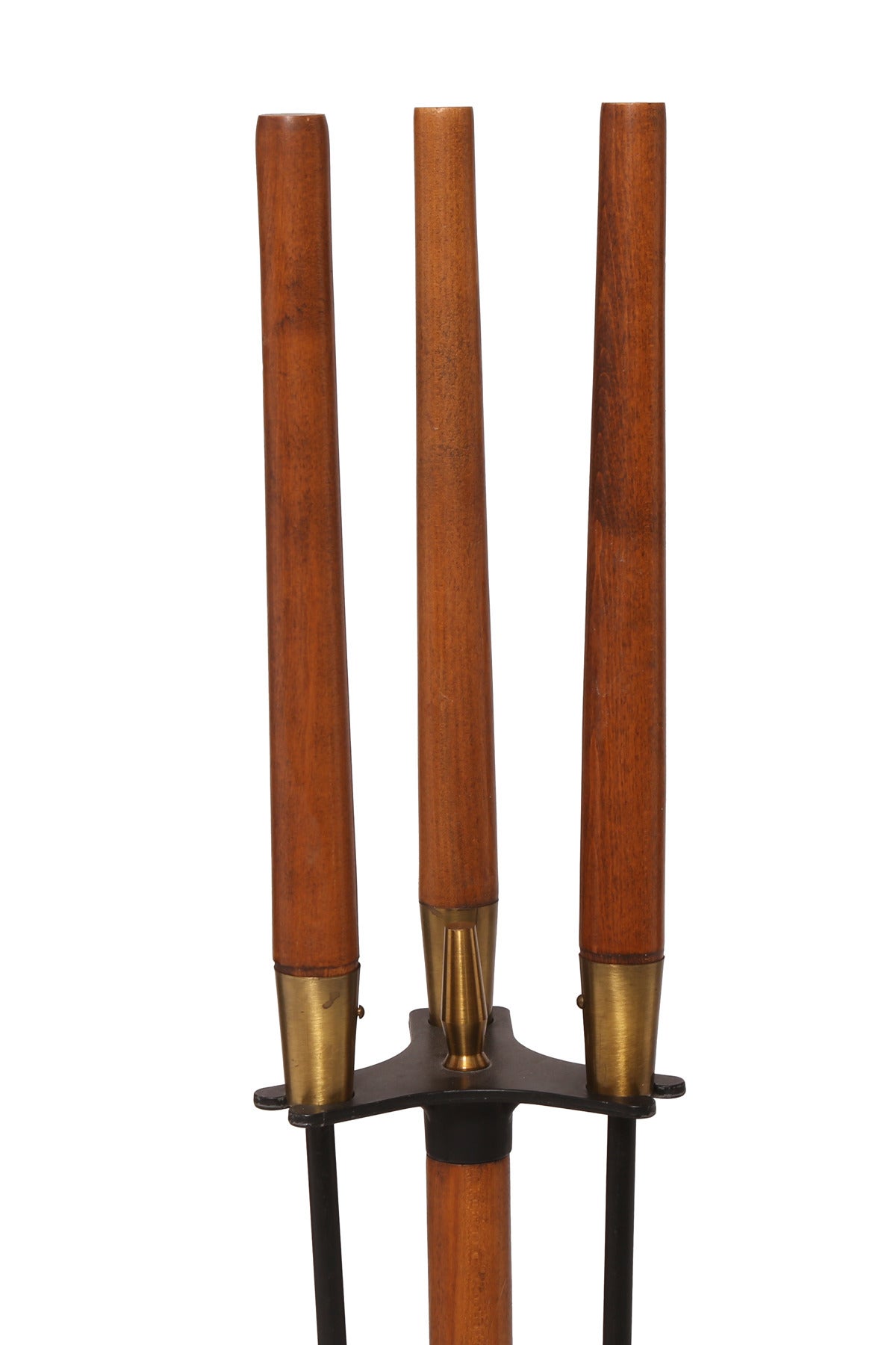 Mid-Century Modern Walnut Iron and Brass Fireplace Tools