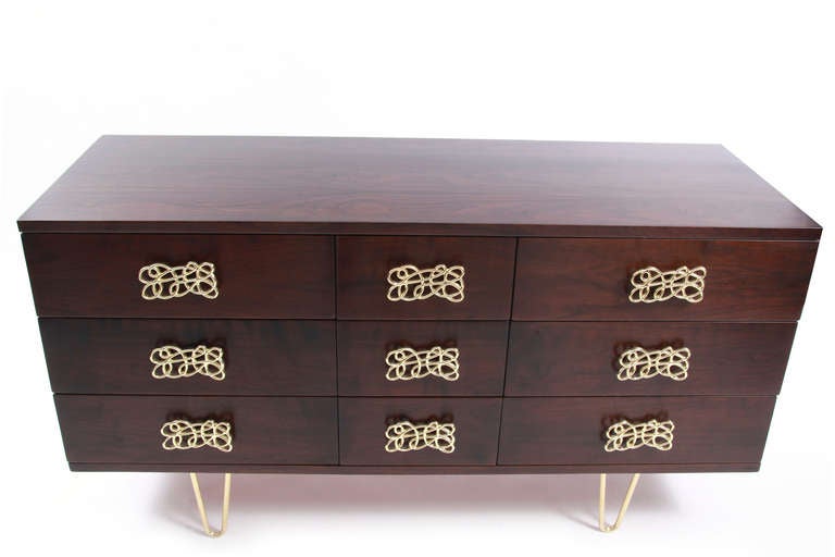 Striking Walnut and Brass Chest of Drawers In Excellent Condition In Phoenix, AZ