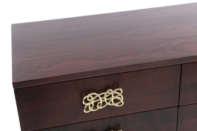 Mid-20th Century Striking Walnut and Brass Chest of Drawers