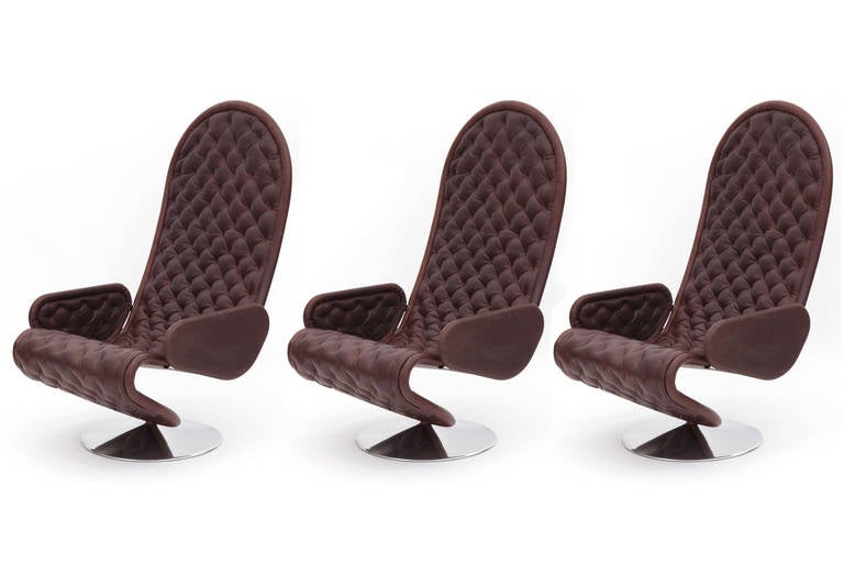 Three monumental Verner Panton for Fritz Hansen 123 leather lounge chairs, circa early 1970s. These very large-scale examples have been newly upholstered in a perfectly patinated supple and soft chocolate brown leather. The bases have been polished