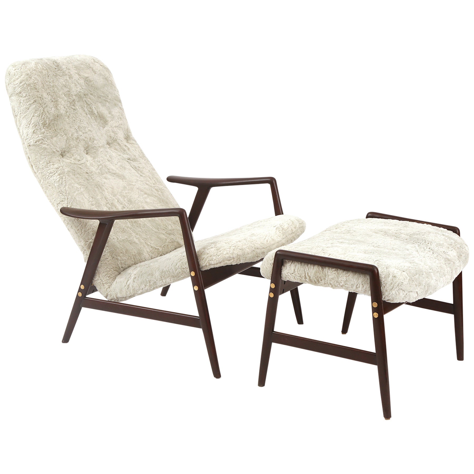 Sculptural Teak Brass and Upholstered Danish Lounge Chair and Ottoman