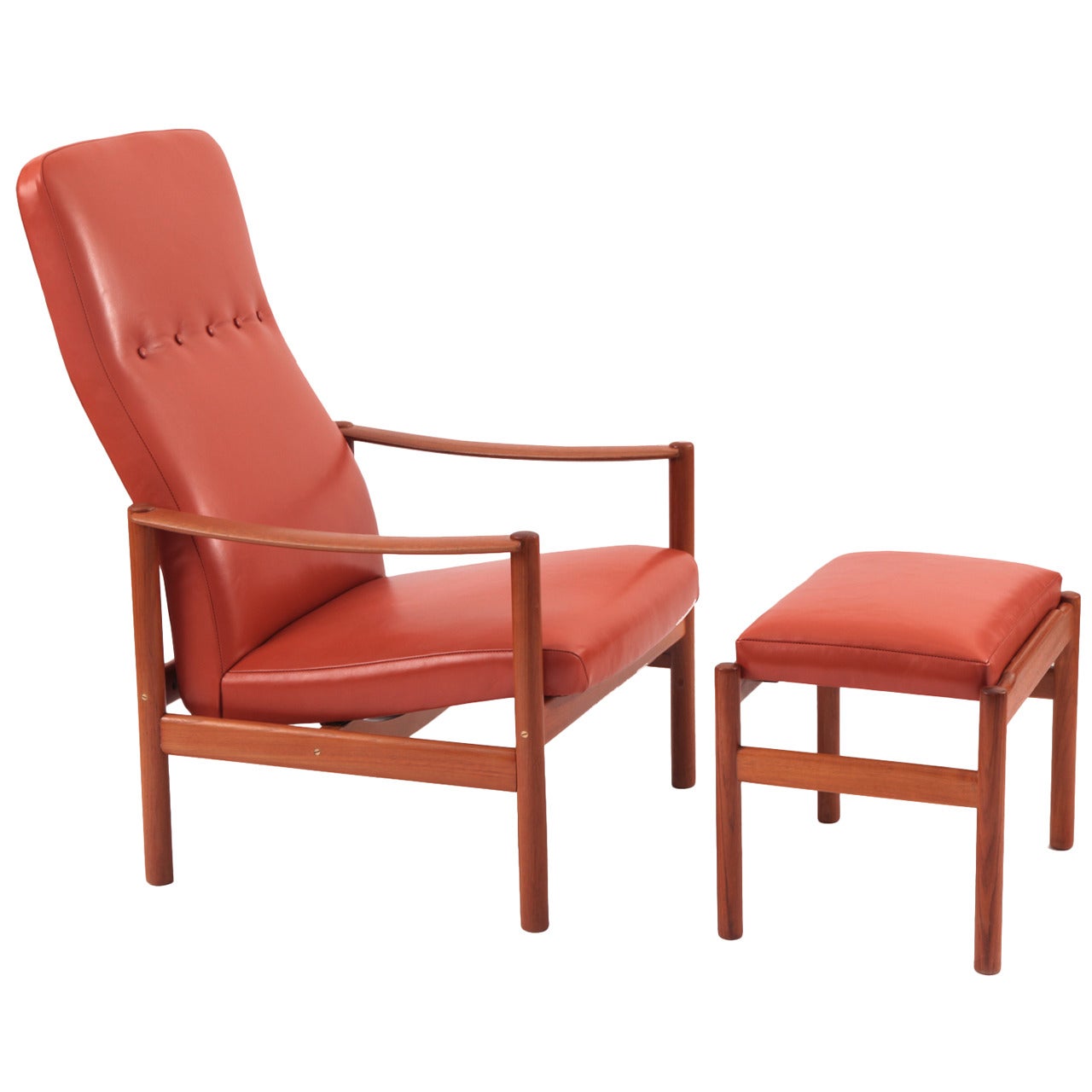 Teak and Leather Lounge Chair and Ottoman