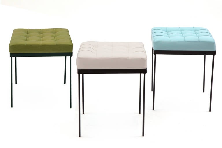 Red has four gorgeous iron and leather ottomans, circa late 1950s. These functional and sexy examples have been newly finished and upholstered in supple and rich green and powder blue Spinneybeck leather. $3200 for the set of four, or $800 each. 