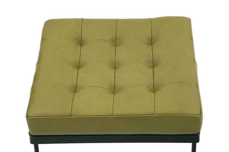 American 1950s Tufted Green & Blue Spinneybeck Leather and Iron Ottomans, '4'