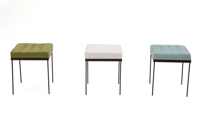 Mid-Century Modern 1950s Tufted Green & Blue Spinneybeck Leather and Iron Ottomans, '4'