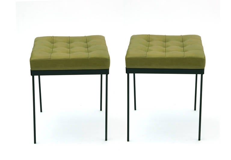Mid-20th Century 1950s Tufted Green & Blue Spinneybeck Leather and Iron Ottomans, '4'