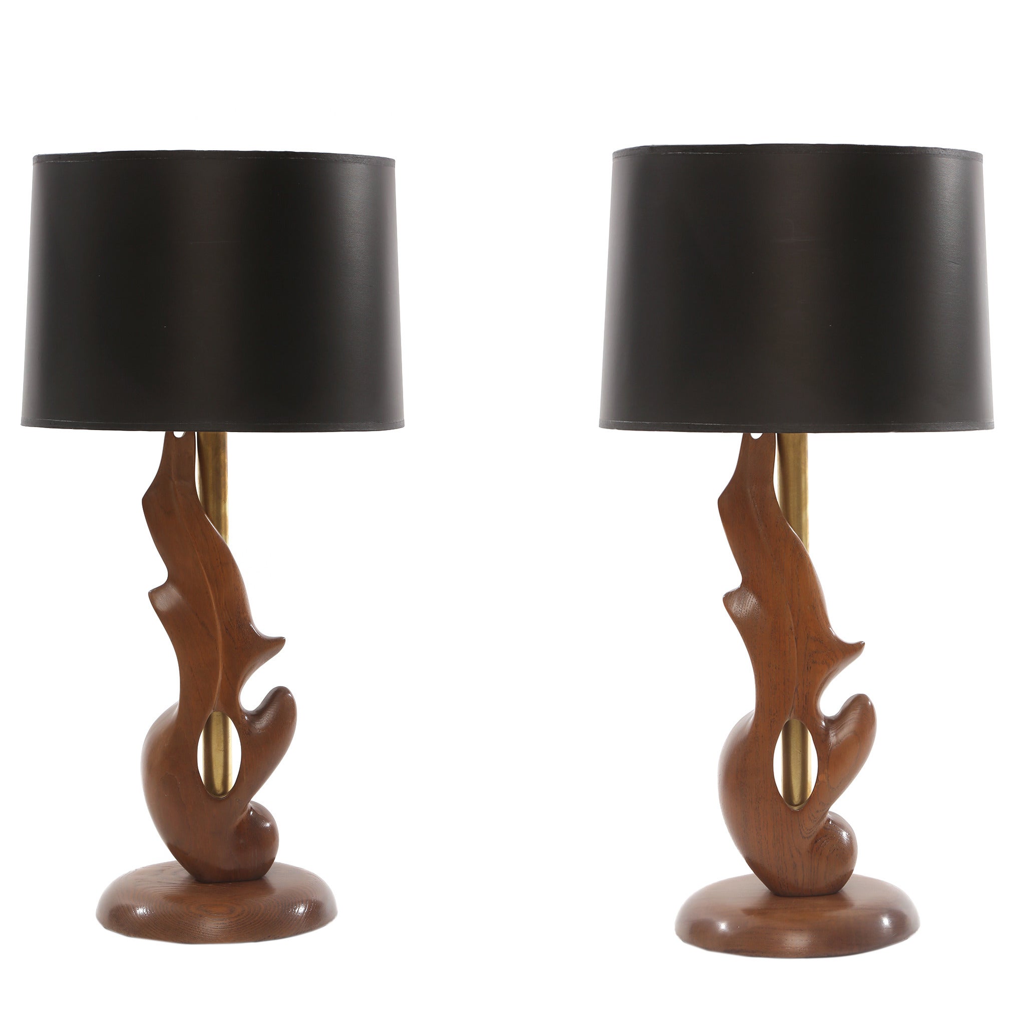 Sculptural Oak and Brass Table Lamps by Heifetz
