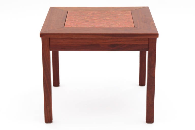 Pair of Brown Saltman Walnut and Enamel Side Tables In Excellent Condition In Phoenix, AZ