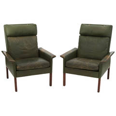 Patinated Olive Green Leather Lounge Chairs by Hans Olsen