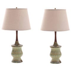Pair of Glazed Ceramic and Walnut Lamps 5