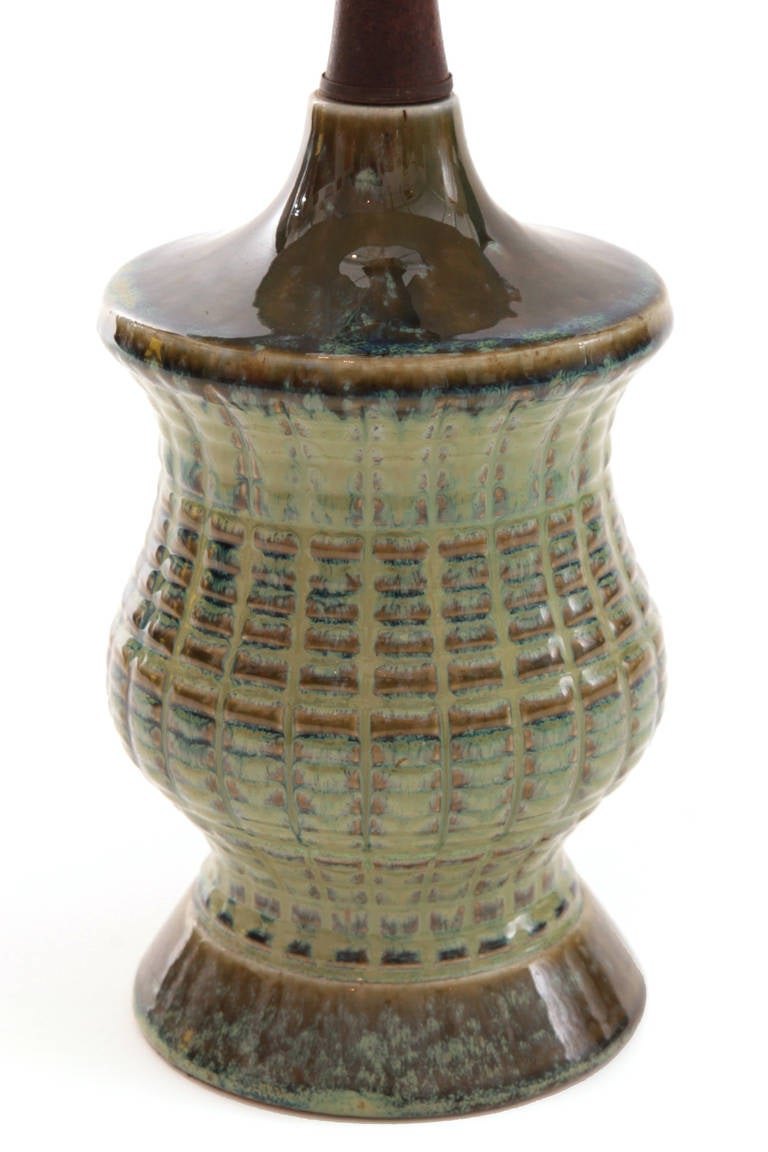 American Ceramic and Walnut 1950s Lamps in Celadon Glaze