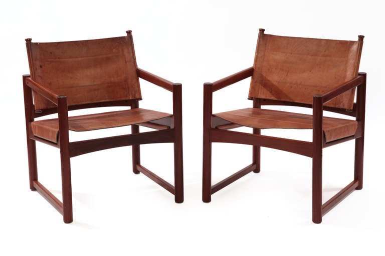 Rare Imbuia & Leather Sling Chairs by Michel Arnoult