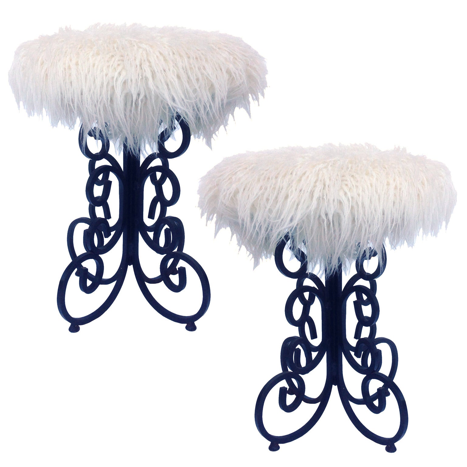 Pair of Long Hair Wrought Iron Stools For Sale