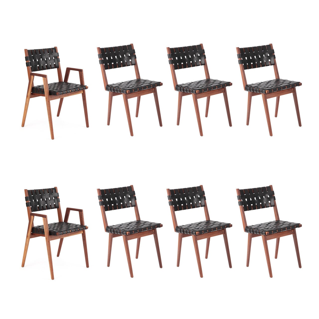 Eight Mel Smilow Walnut and Leather Dining Chairs