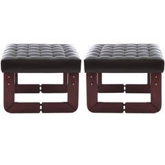 Pair of Percival Lafer Rosewood and Tufted Leather Upholstered Ottomans