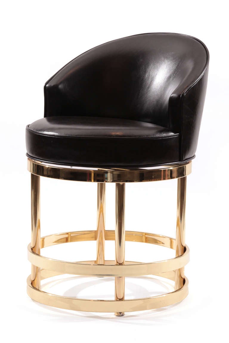 Mid-Century Modern Three Leather and Mirror Polished Brass Swivel Counterstools