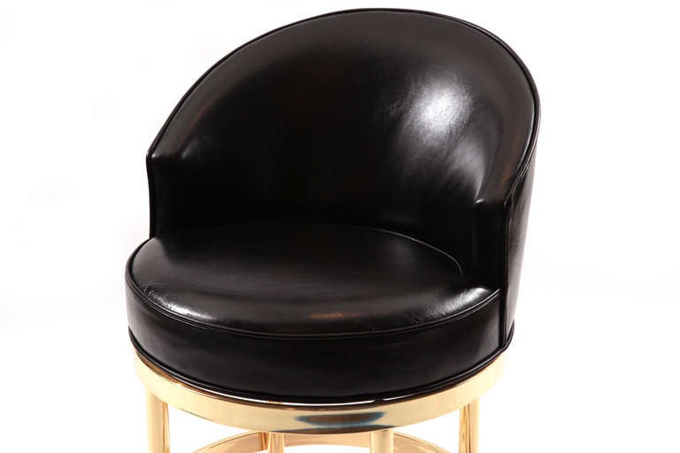 American Three Leather and Mirror Polished Brass Swivel Counterstools