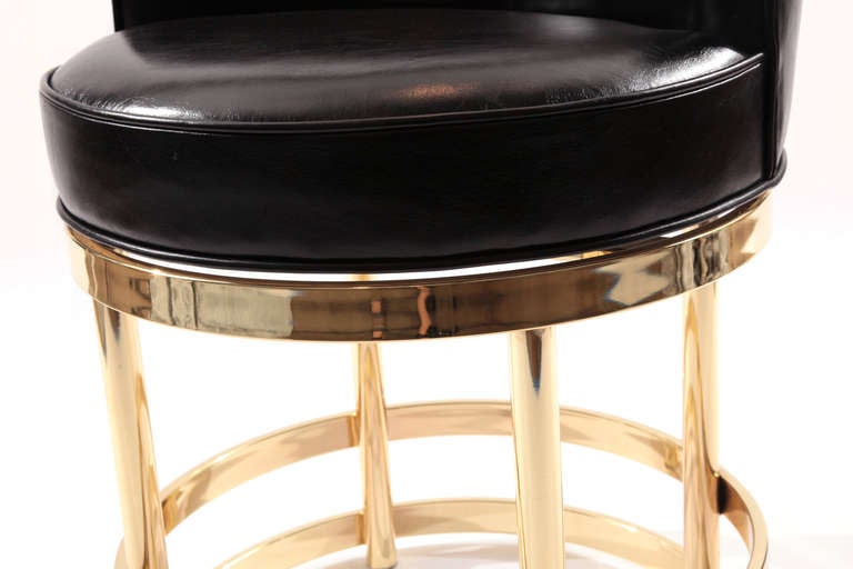 Three Leather and Mirror Polished Brass Swivel Counterstools In Excellent Condition In Phoenix, AZ