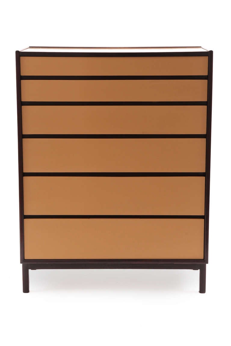  Edward Wormley for Dunbar highboy chest of drawers, circa late 1950s. This gorgeous example has six drawers with mustard lacquered fronts and matching top and solid mahogany frame and base. It has been impeccably refinished.