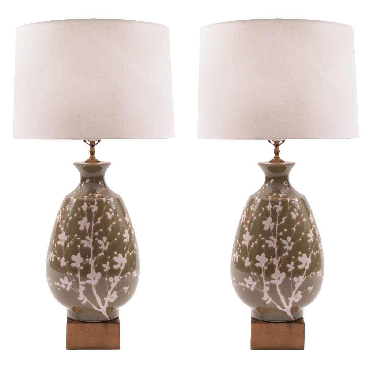 Large-Scale Pair of Italian Floral Motif and Brass Lamps