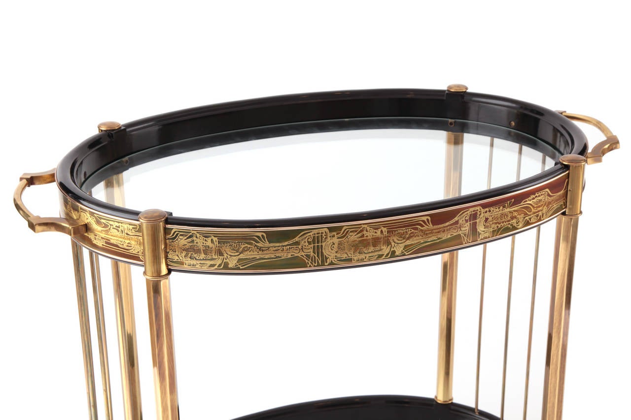 American Bernard Rohne Mastercraft Etched Brass Bar Cart