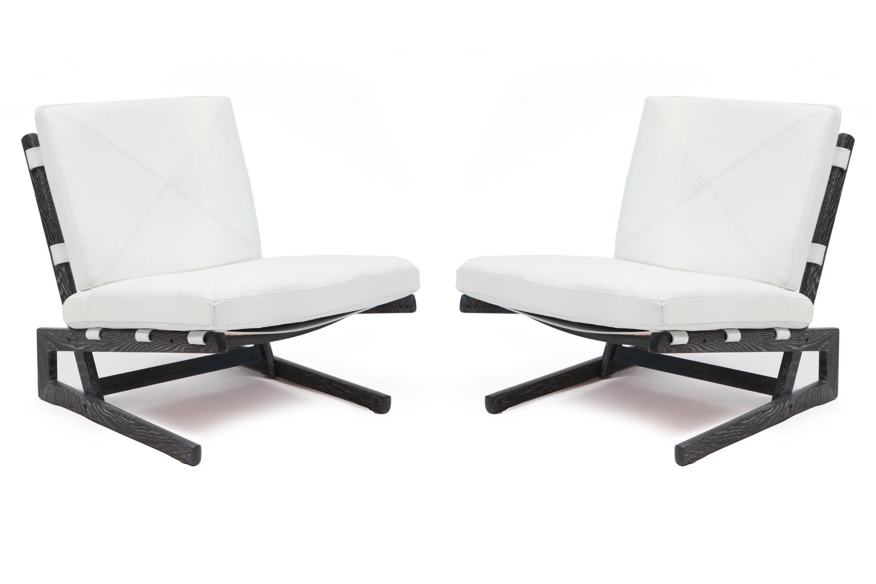 Pair of Elegant White Leather and Gray Cerused Oak Lounge Chairs