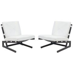 Pair of Elegant White Leather and Gray Cerused Oak Lounge Chairs