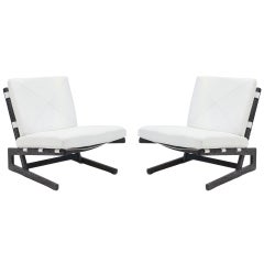 Pair of Elegant White Leather and Gray Cerused Oak Lounge Chairs