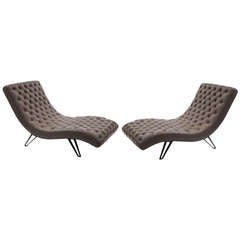 Pair of Tufted Leather Chaises with Formed Steel Legs