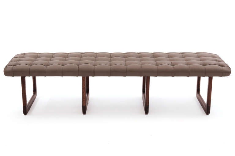 Mid-Century Modern Pair of Button Tufted Leather and Solid Walnut Benches