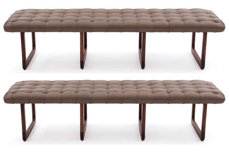 Pair of Button Tufted Leather and Solid Walnut Benches 1