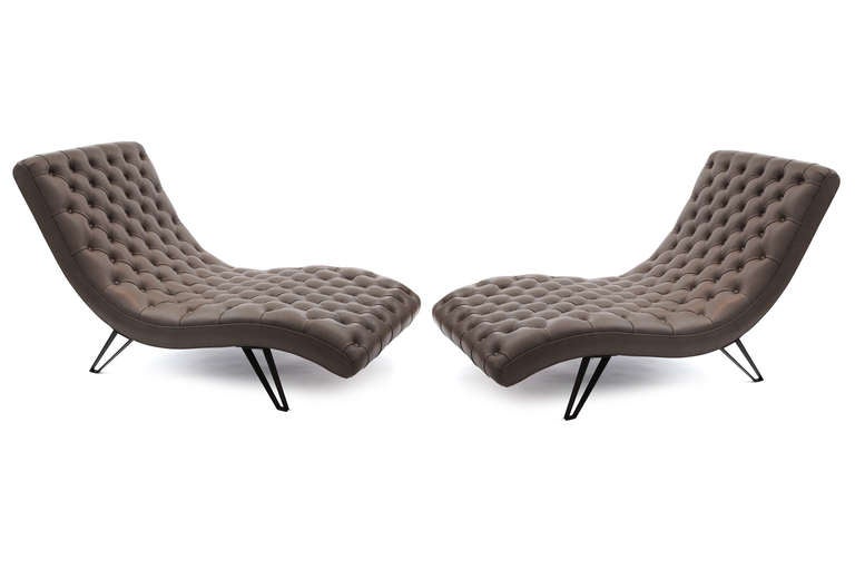 Pair of Tufted Leather Chaises with Formed Steel Legs