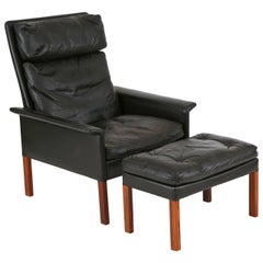 Hans Olsen Leather and Rosewood Lounge Chair and Ottoman