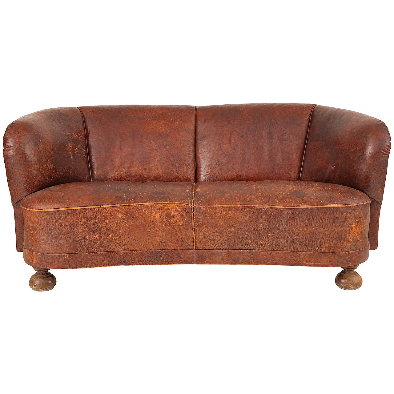 1930s Free-Form Danish Leather Sofa After Flemming Lassen