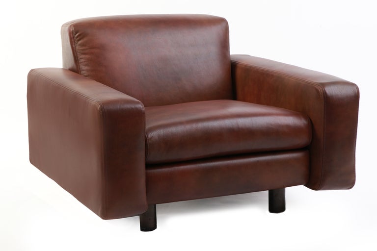 Mid-Century Modern Four Metropolitan Leather and Bronze Lounge Chairs