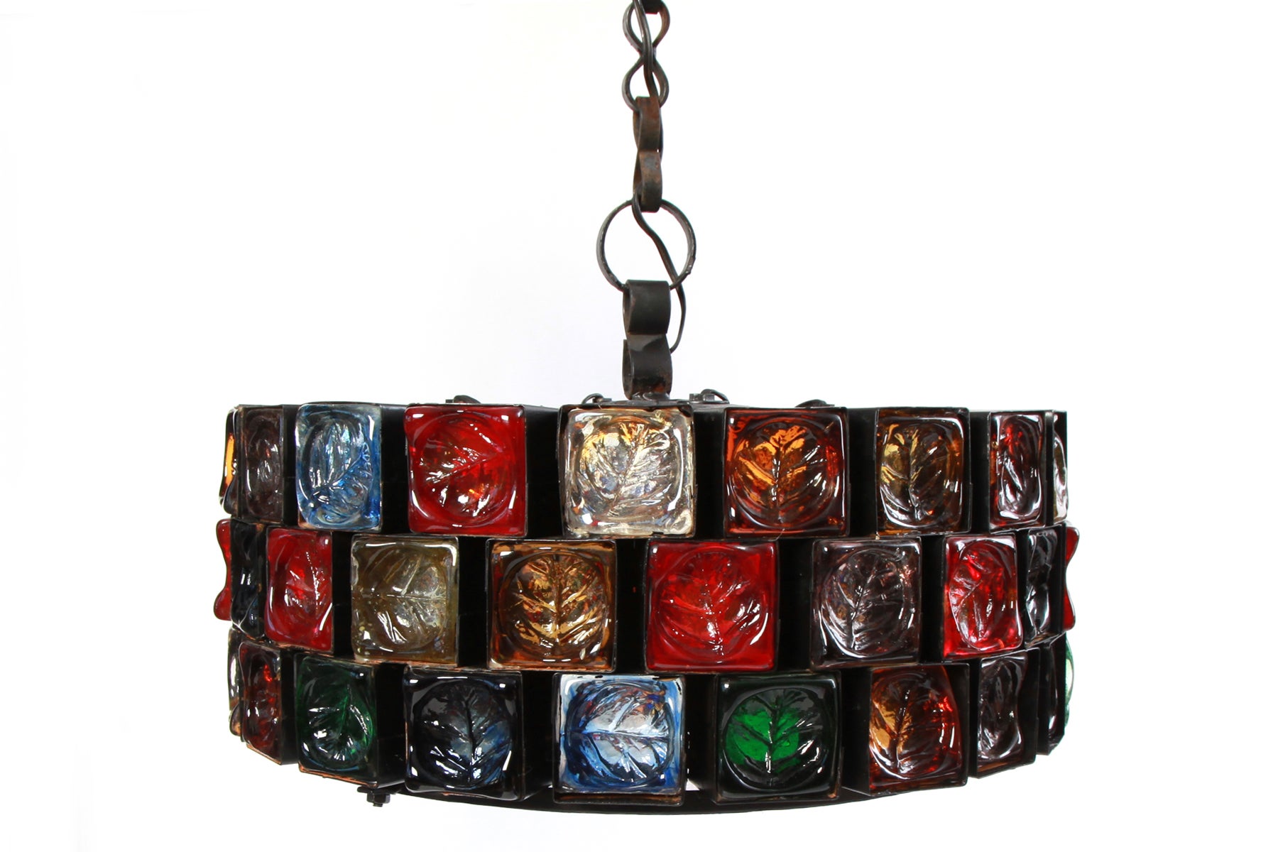 Wrought Iron & Hand Blown Glass 3 Tiered Chandelier