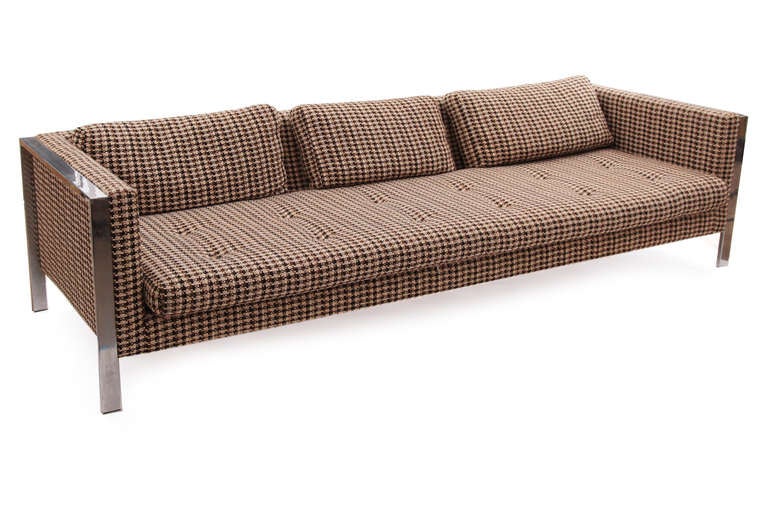 Large scale all original Milo Baughman for Thayer Coggin sofa circa early 1970's. This all original example has flat bar chrome sides and is upholstered in its original plaid tweed fabric.