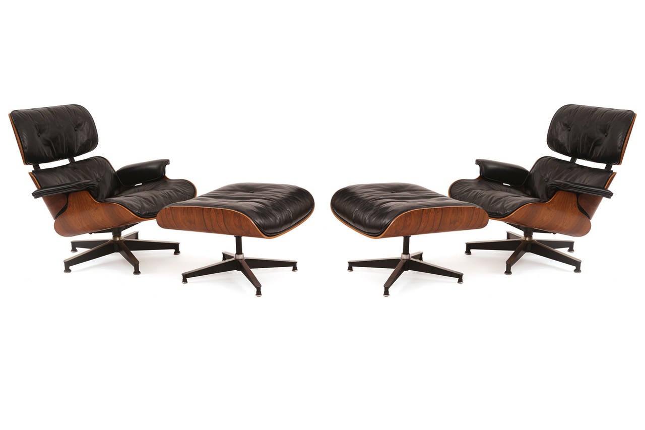 Early Charles and Ray Eames for Herman Miller 670 lounge chair and ottoman from 1964. This all original example has a beautifully grained rosewood shell, is down filled and upholstered in it's original supple and stunning black leather.  Price