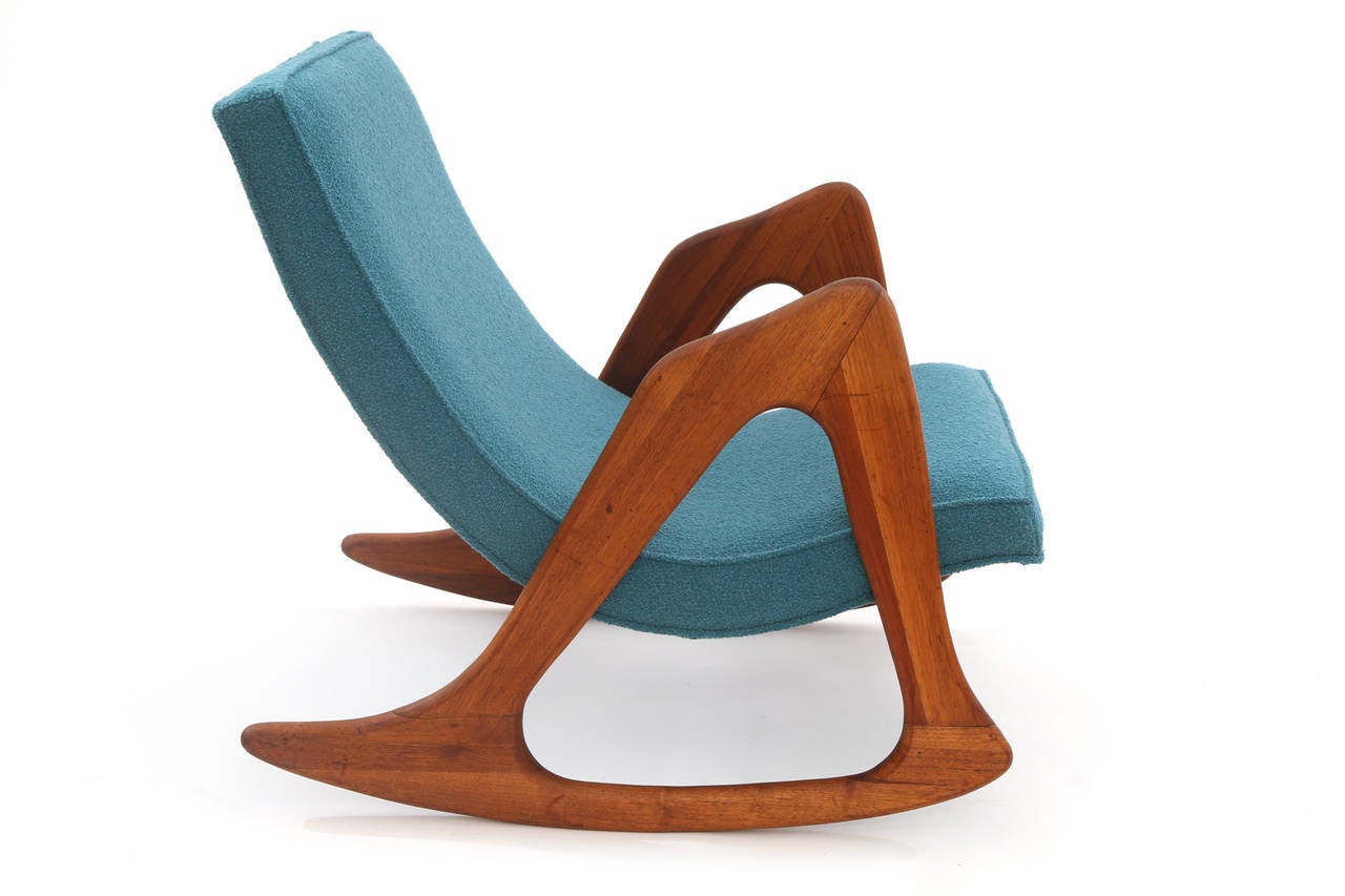 Sculptural Adrian Pearsall walnut and upholstered rocker circa early 1960's. This example has solid walnut rockers and arms and has been newly upholstered in a Knoll Aegean classic boucle.