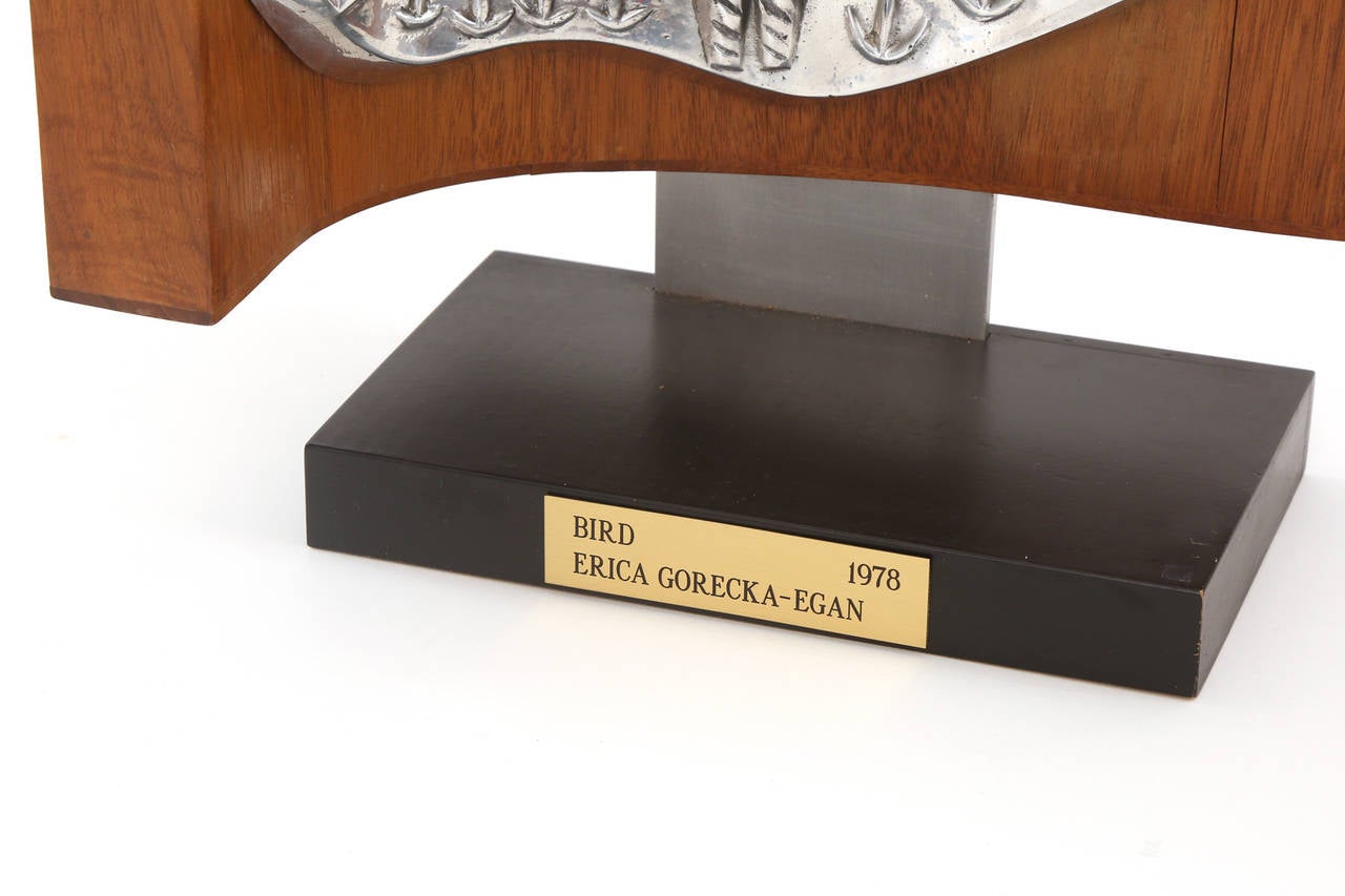 Erica Gorecka-Egan Rare Cast Aluminum and Walnut Bird Sculpture In Good Condition In Phoenix, AZ