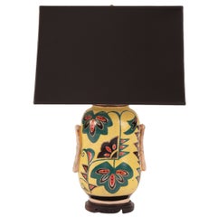 Painted Porcelain and Ebonized Wood Japanese Lamp