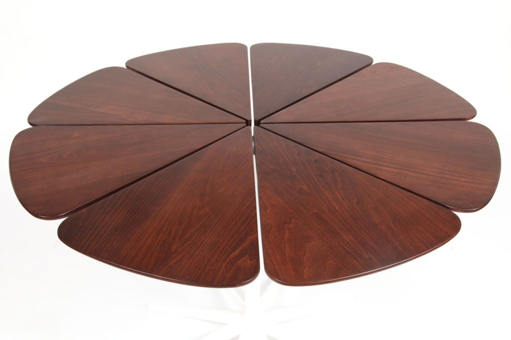 Richard Schultz for Knoll petal dining table circa early 1960's. <br />
This example has a teak wood that has been newly refinished and <br />
weather proofed for indoor or outdoor use. The base has been recently <br />
powder coated as well.